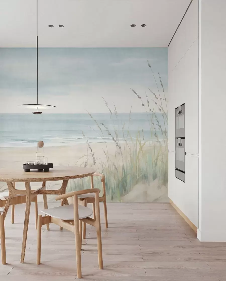 murales de pared Arena con conchas, una suave orilla y hierba en suaves tonos pastel w05821