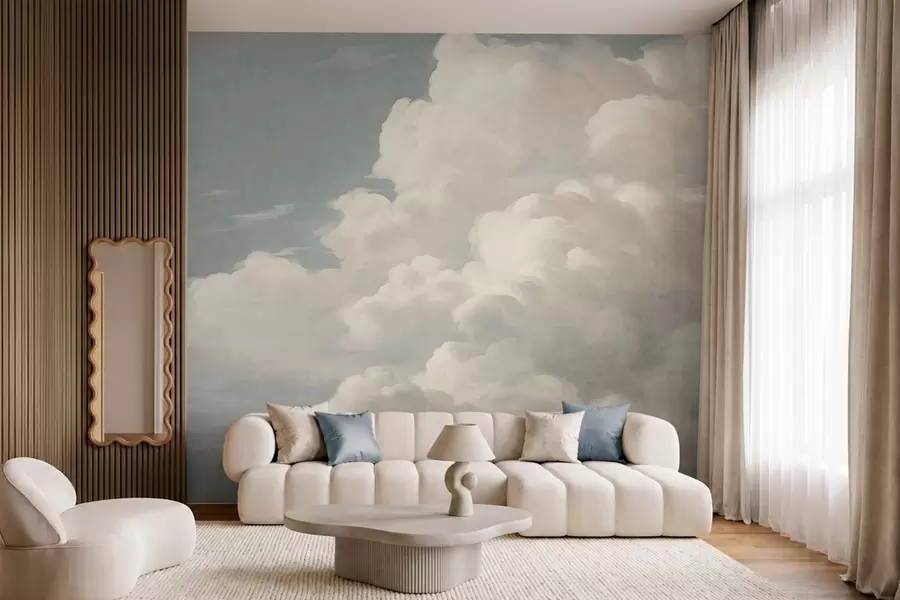murales de pared Niebla perlada con suaves nubes cremosas que se deslizan por un cielo tranquilo w05855
