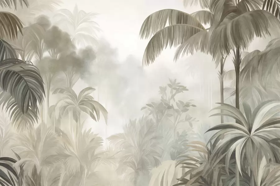 murales de pared Paisaje selvático con textura, con palmeras y una exuberante vegetación, en un estilo suave y pictórico w10016