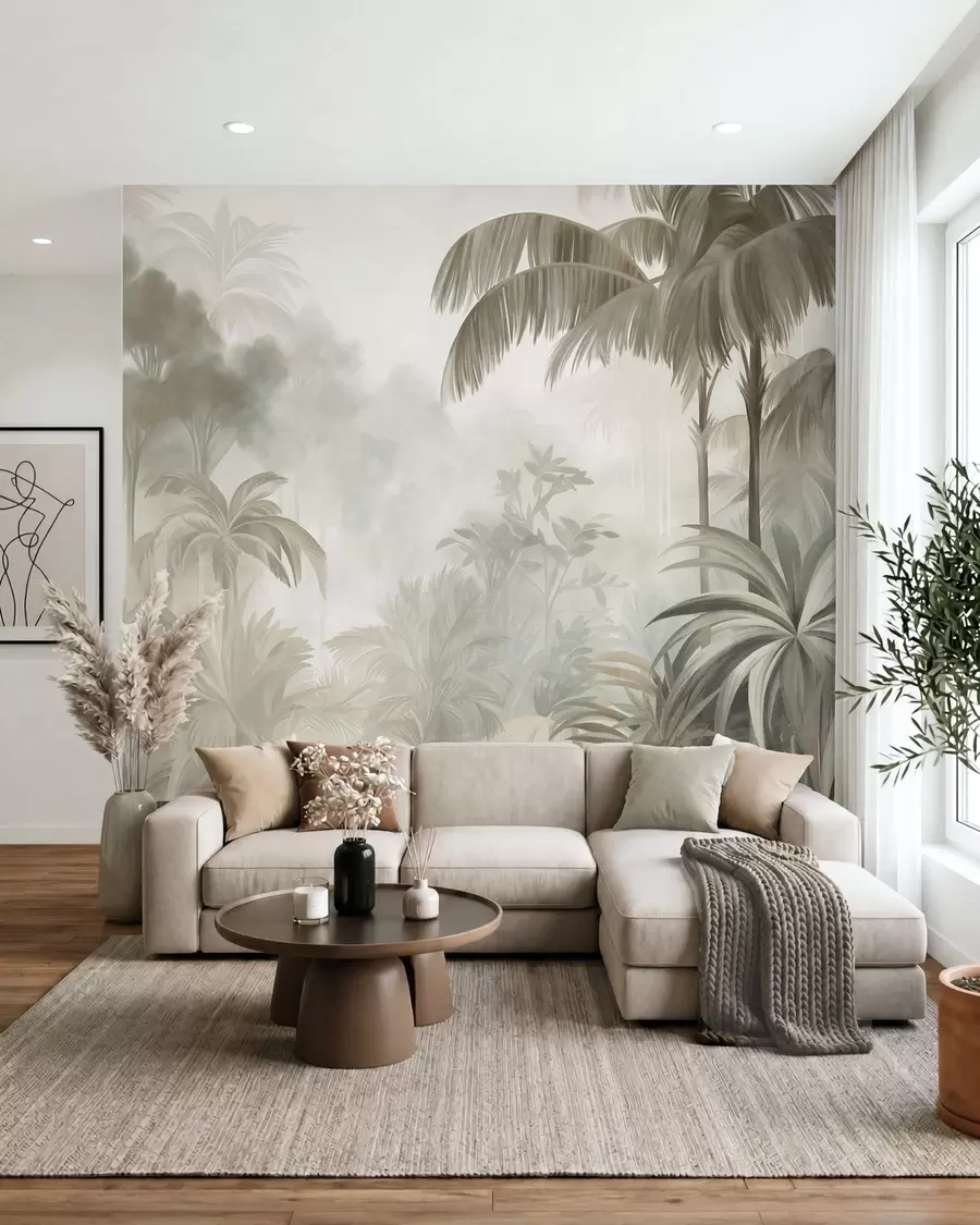 murales de pared Paisaje selvático con textura, con palmeras y una exuberante vegetación, en un estilo suave y pictórico w10016