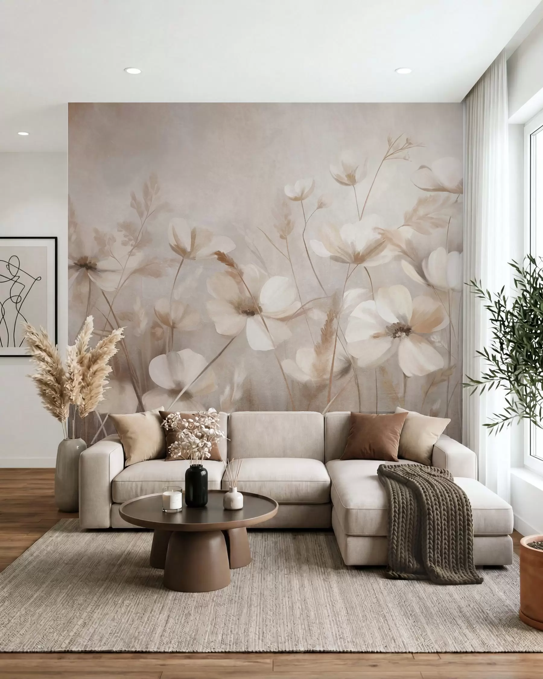murales de pared Un campo de flores de colores claros y hierbas altas en tonos apagados, obra de arte con textura w10019