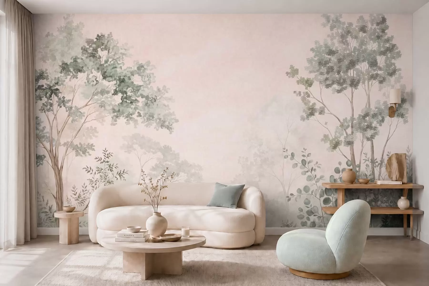 murales de pared Árboles y arbustos del bosque en tonos pastel difuminados w05856