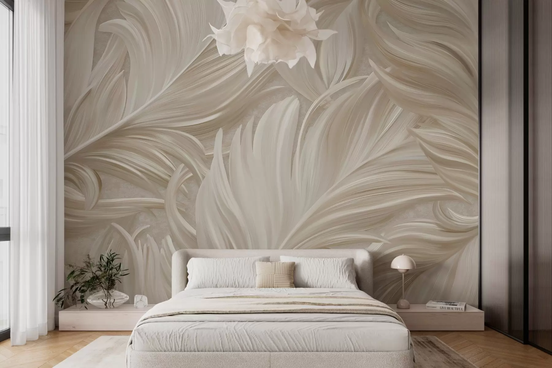 murales de pared Una pluma grande, pintada y curvada en cálidos tonos beige w05757