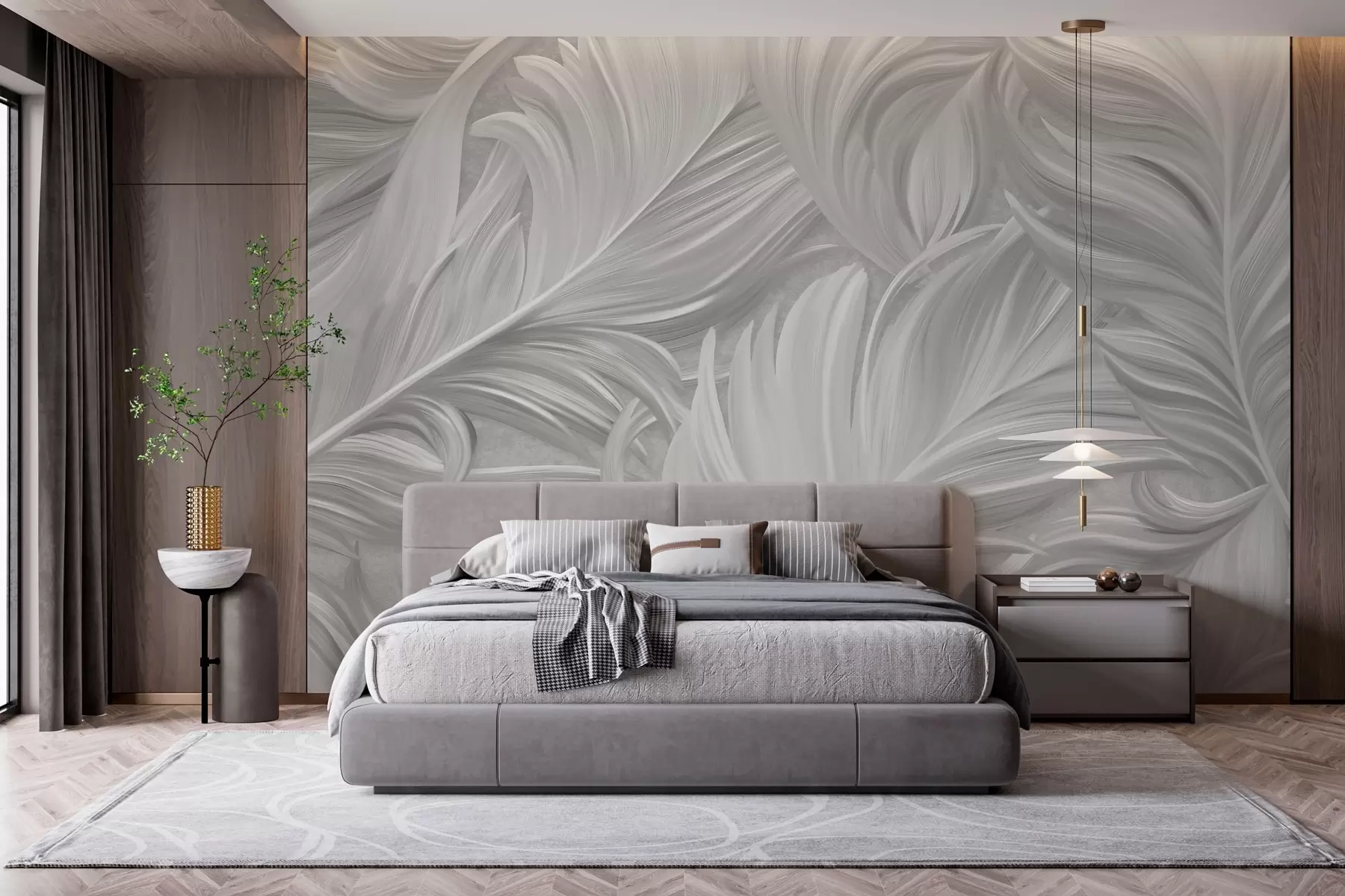 murales de pared Una pluma grande, pintada y curvada en tonos grises w05757v3
