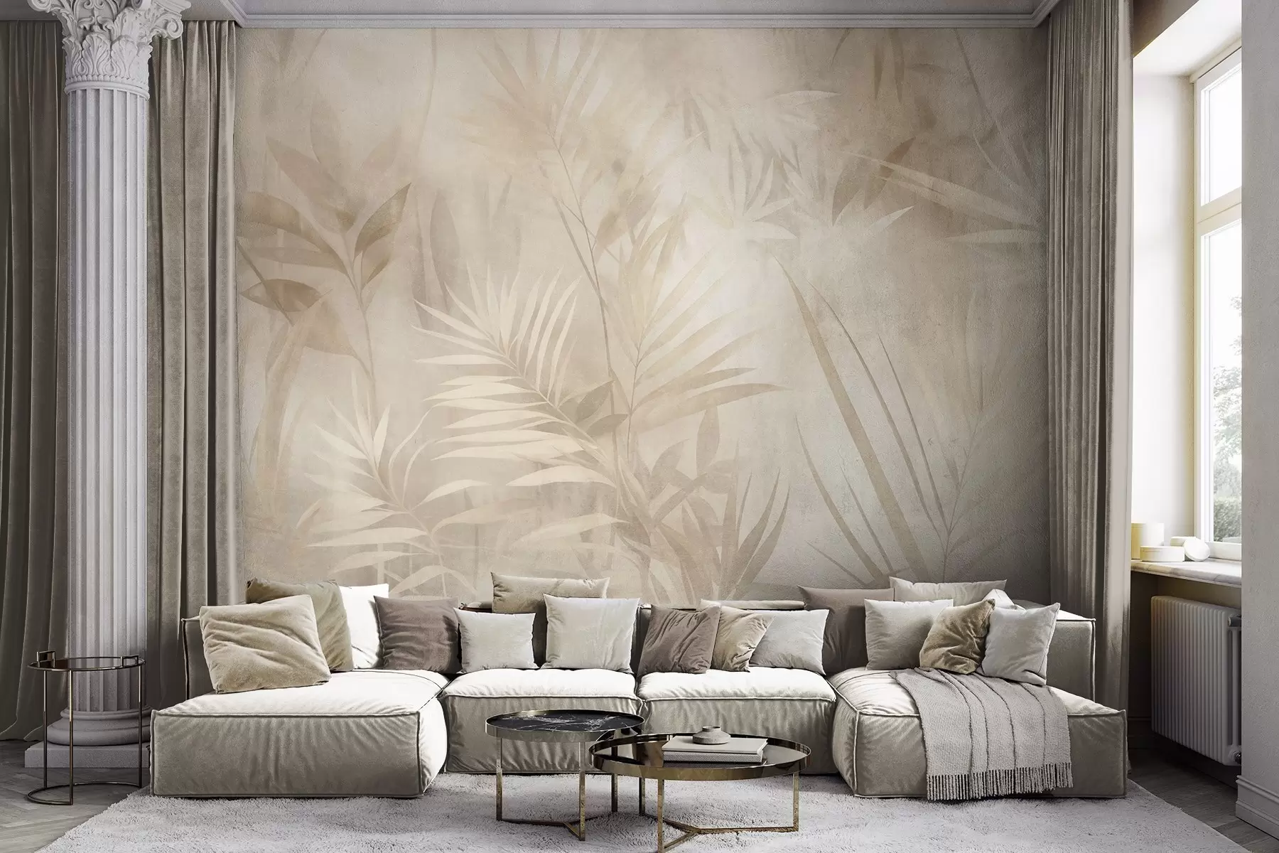 murales de pared Hojas de palmera en tonos beige y crema apagados, con un fondo suave, selva tropical w10023
