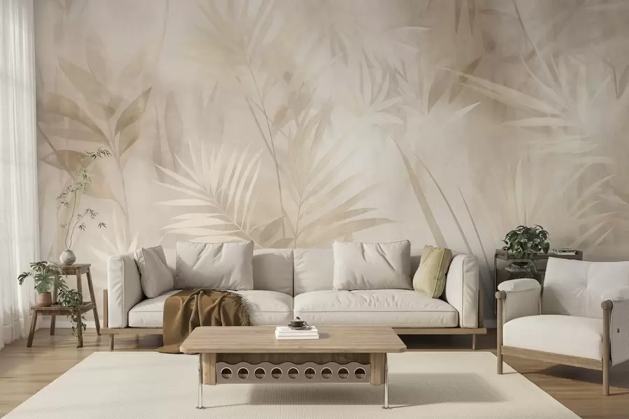 murales de pared Hojas de palmera en tonos beige y crema apagados, con un fondo suave, selva tropical w10023