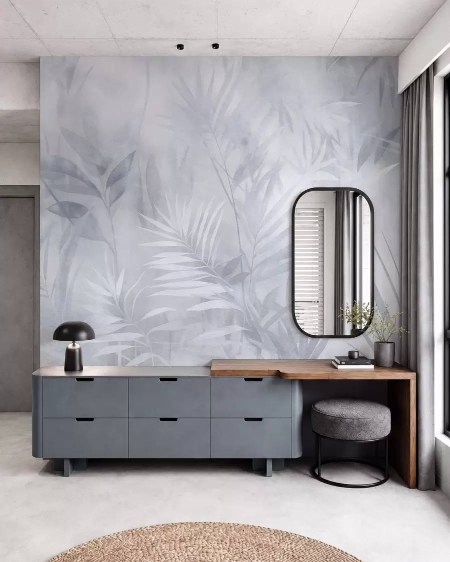 murales de pared Hojas de palmera en tonos azules apagados, con un fondo suave, selva tropical w10023v2