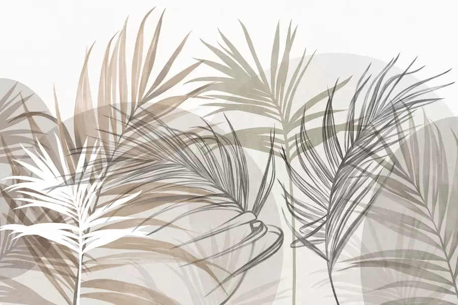 murales de pared Hojas de palmera en tonos neutros de beige, marrón y gris, con formas abstractas w10025