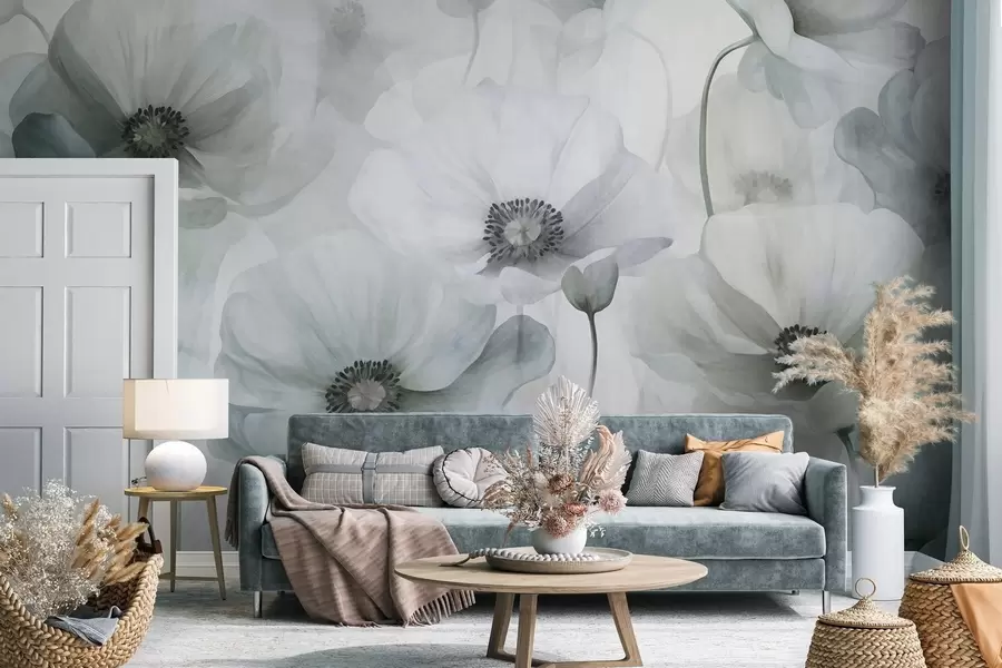 murales de pared Amapolas de colores apagados y textura marcada, con centros oscuros, delicados pétalos translúcidos y un fondo suave w10029v2