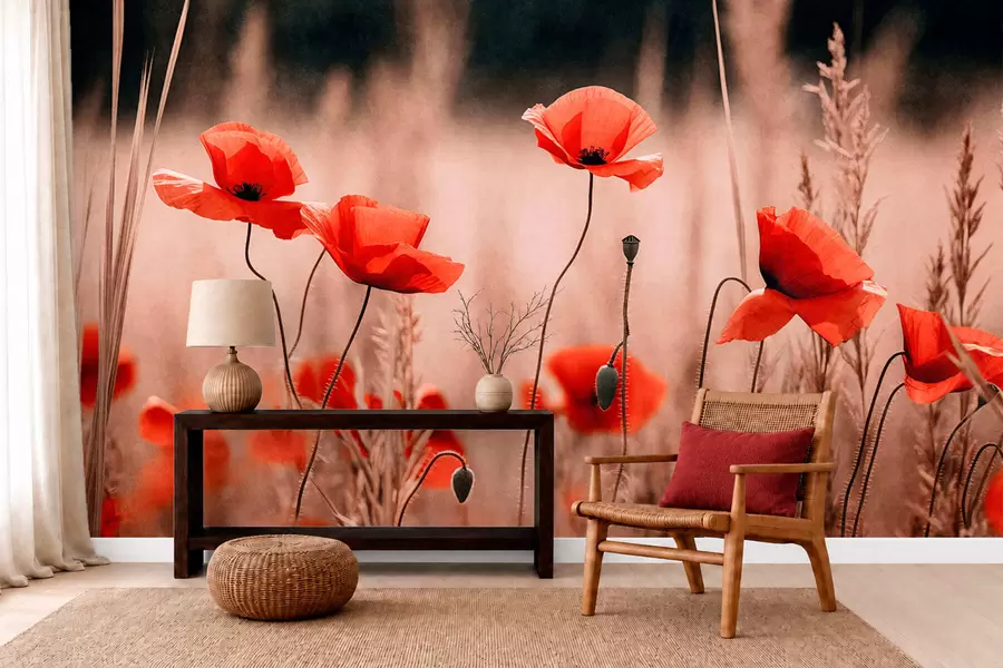 murales de pared Amapolas de un rojo intenso entre la hierba seca w05866