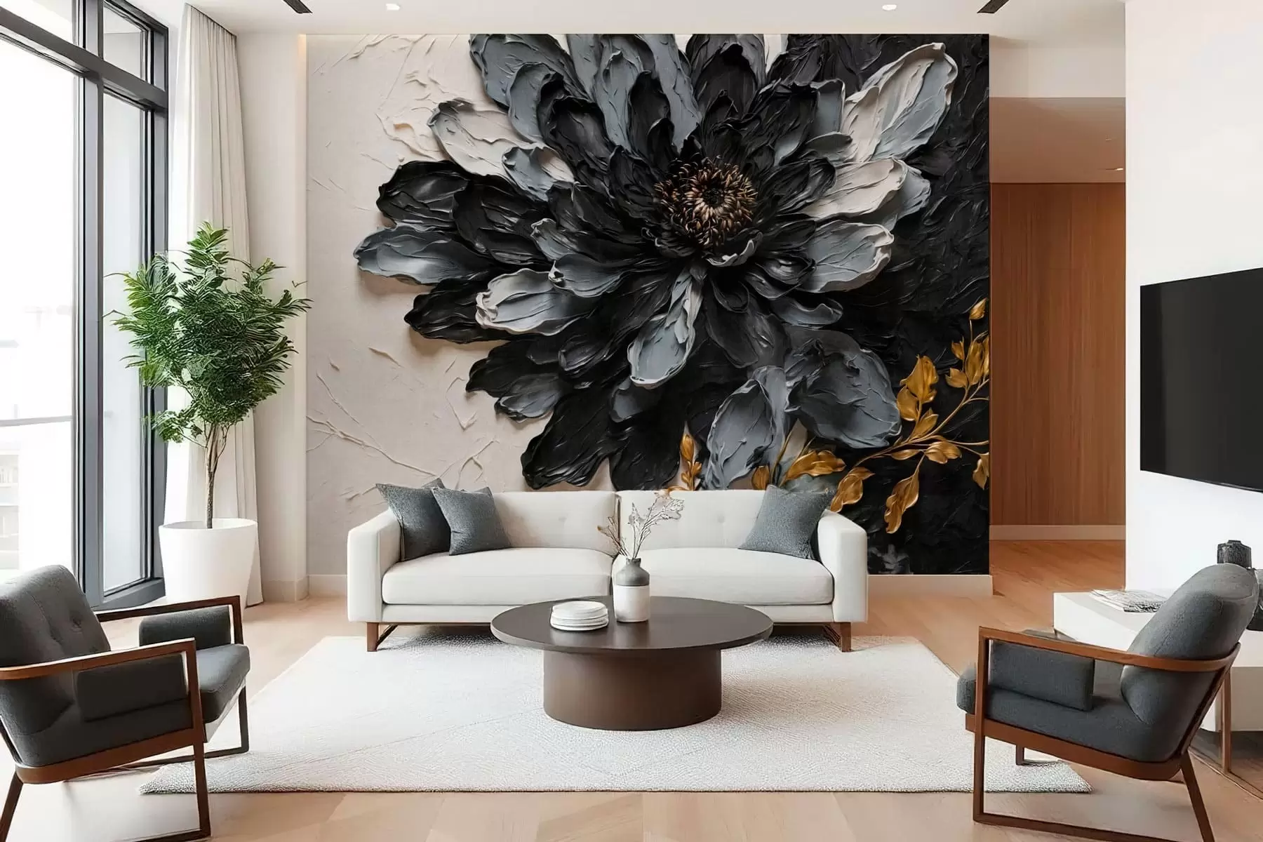 murales de pared Flor con textura en negro y gris con ramas decorativas w05883
