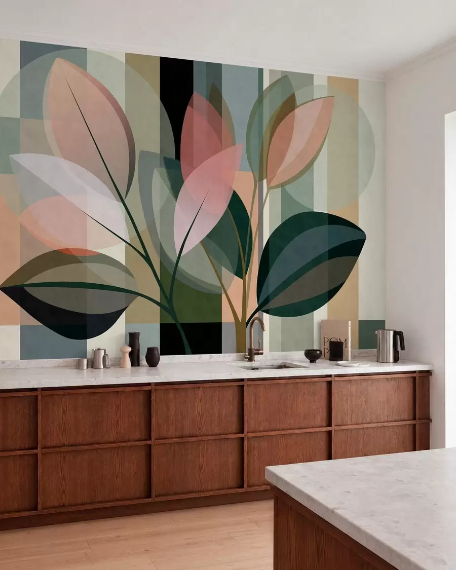 murales de pared Ritmo de hojas en tonos pastel w05871