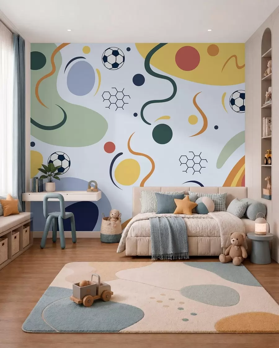 murales de pared Formas abstractas, balones de fútbol, líneas y círculos w05142v2