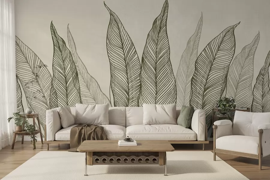 murales de pared Hojas verdes estilizadas con detalles de líneas intrincadas sobre un fondo beige; ilustración con textura w10030