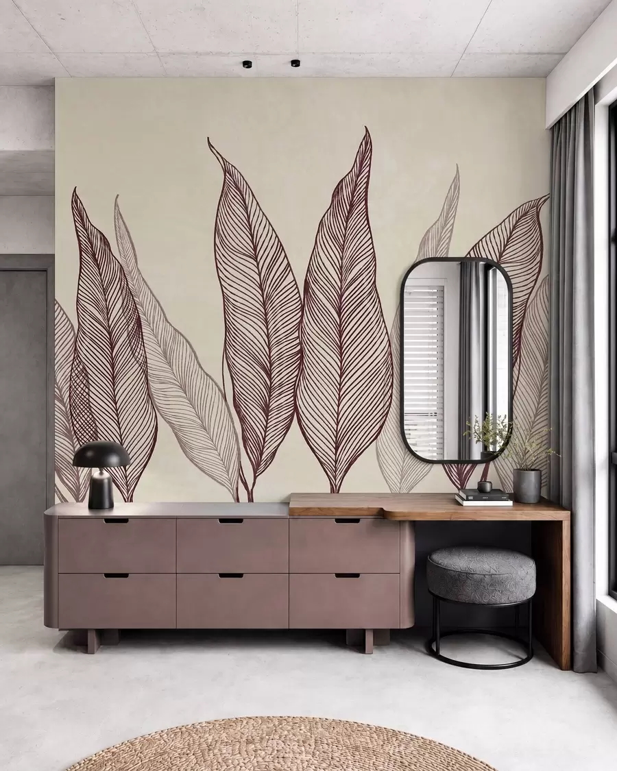 murales de pared Hojas de color burdeos estilizadas con detalles de líneas intrincadas sobre un fondo beige, obra de arte con textura w10030v1