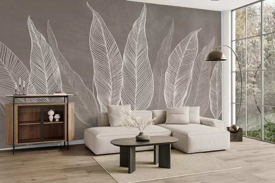 murales de pared Hojas blancas estilizadas con intrincados detalles de líneas sobre un fondo marrón, obra de arte con textura w10030v4