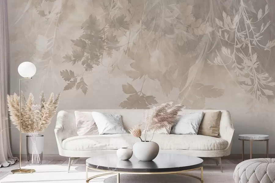 murales de pared Hojas y ramas con textura sobre un fondo beige suave y apagado w10020