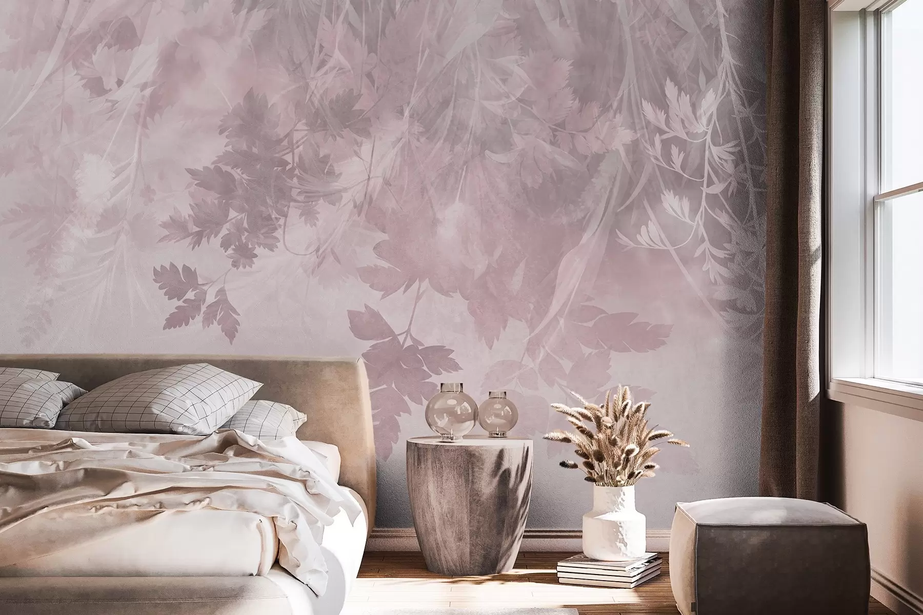 murales de pared Hojas y ramas con textura sobre un fondo rosa suave y apagado w10020v1