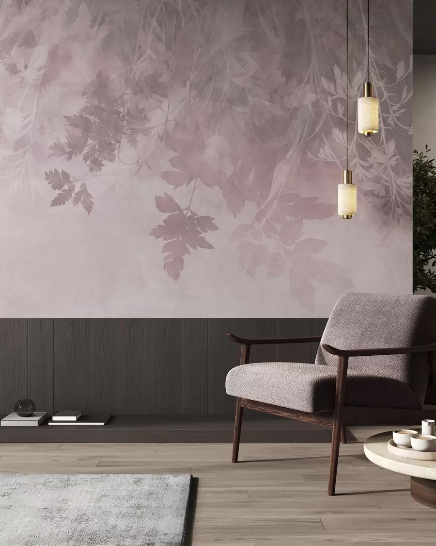 murales de pared Hojas y ramas con textura sobre un fondo rosa suave y apagado w10020v1