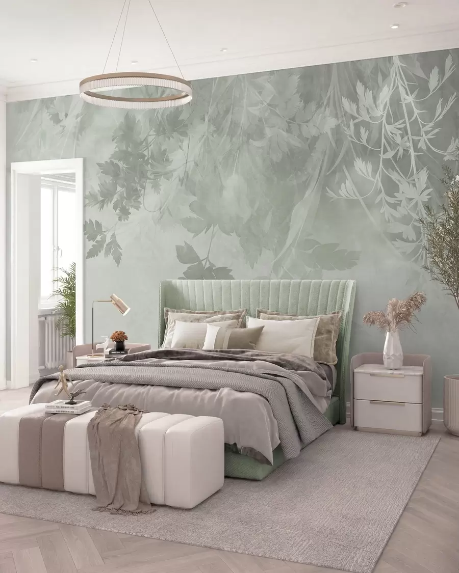 murales de pared Hojas y ramas con textura sobre un fondo verde suave y apagado w10020v2