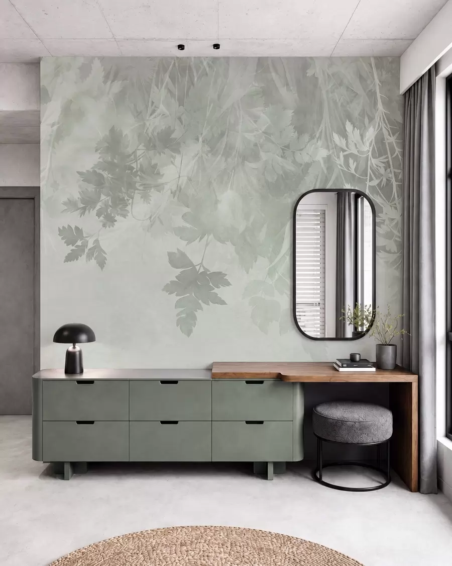 murales de pared Hojas y ramas con textura sobre un fondo verde suave y apagado w10020v2