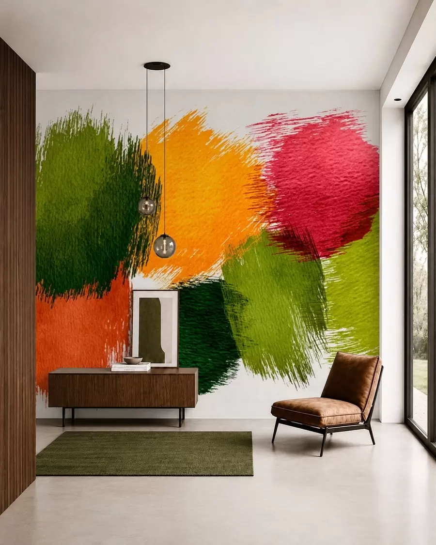 murales de pared Trazos abstractos en verde, naranja y rosa w05859