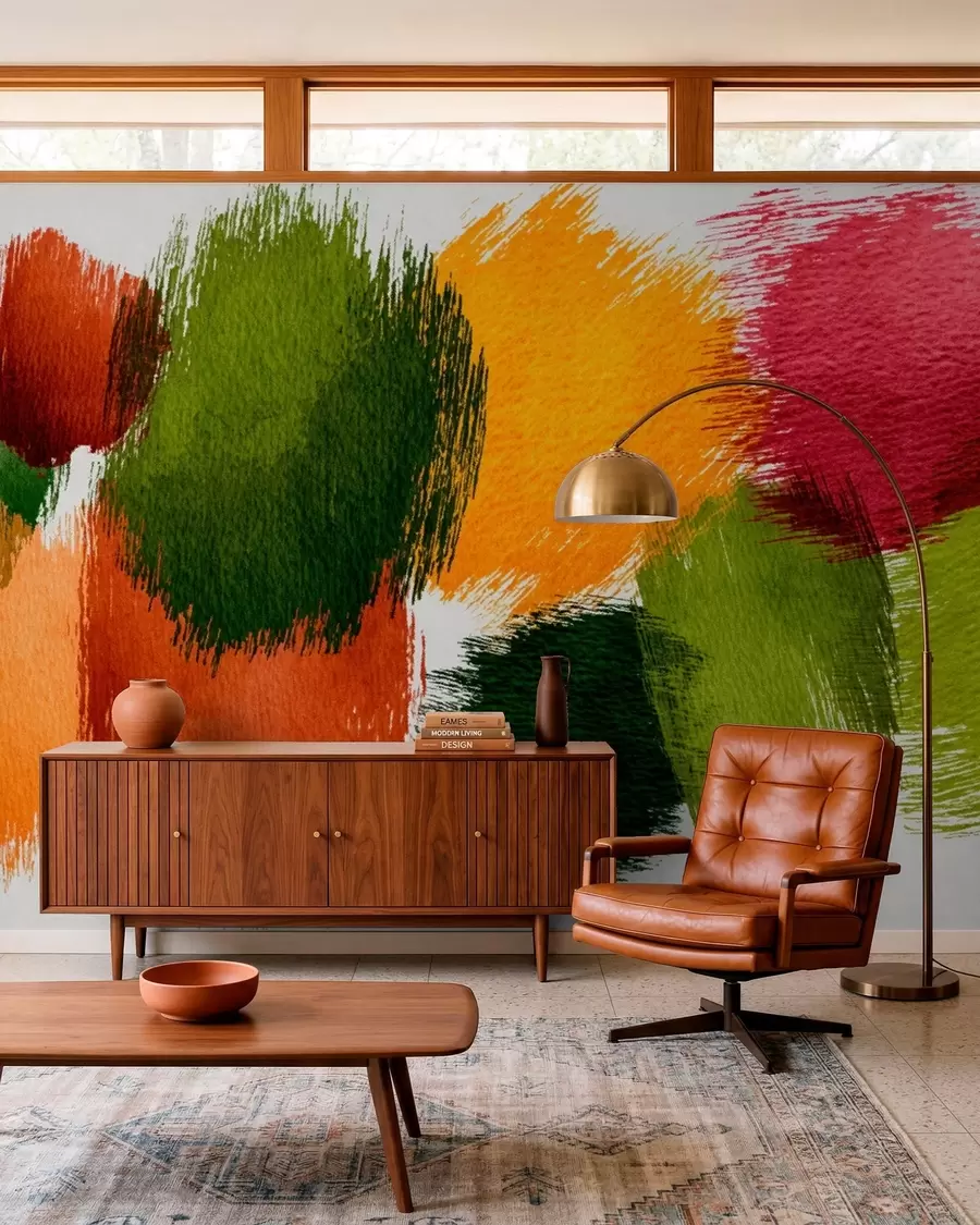 murales de pared Trazos abstractos en verde, naranja y rosa w05859
