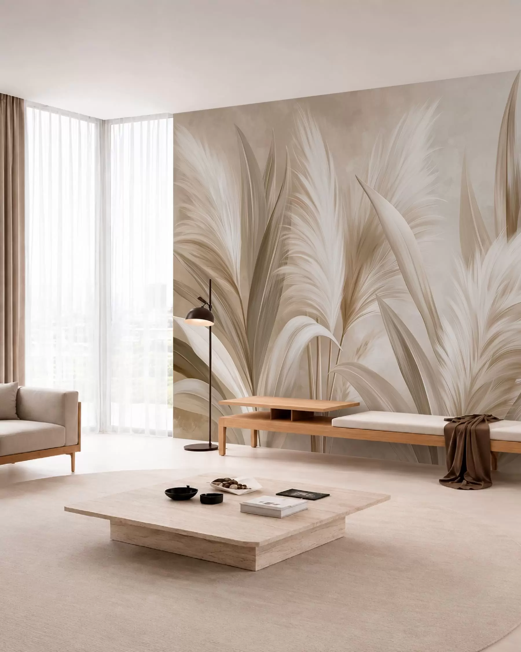 murales de pared Hojas decorativas de color pálido y flores plumosas w05863