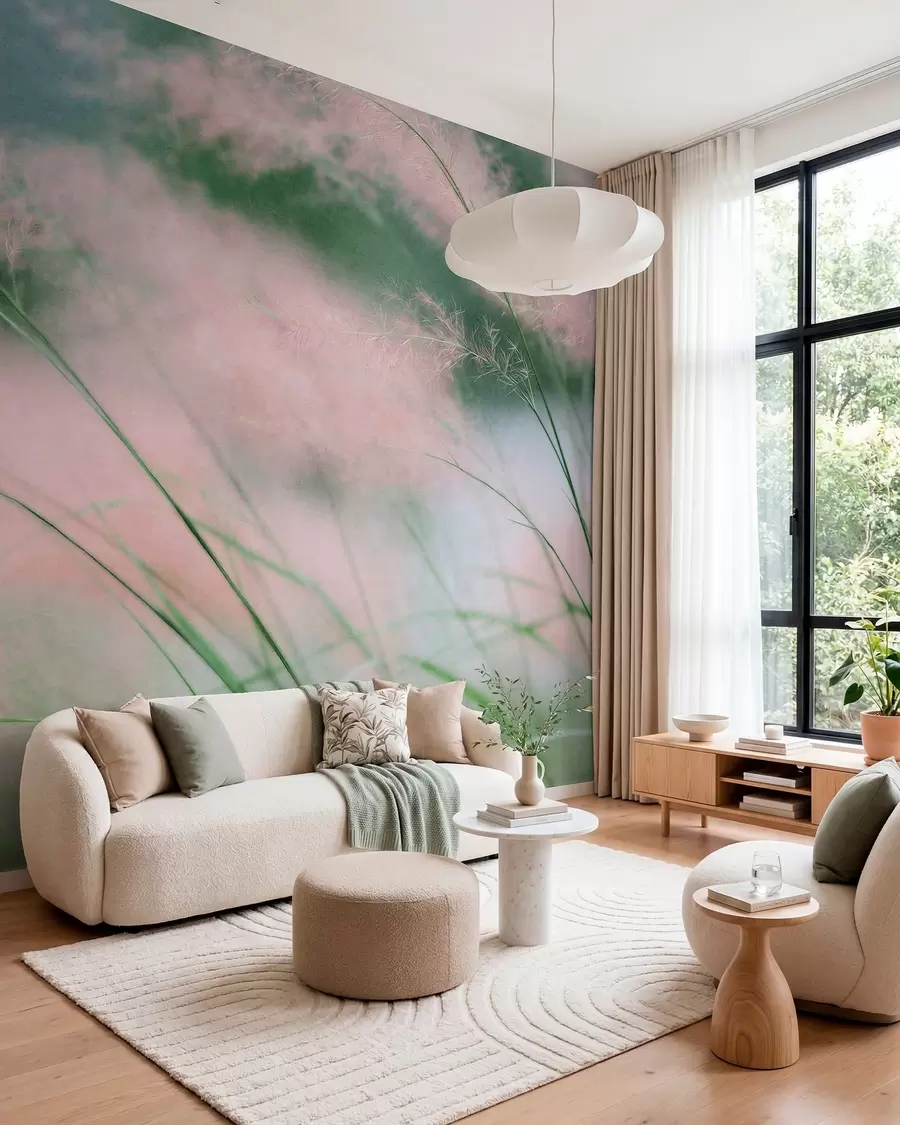 murales de pared Delicadas hierbas rosadas sobre un fondo verde suave w05886