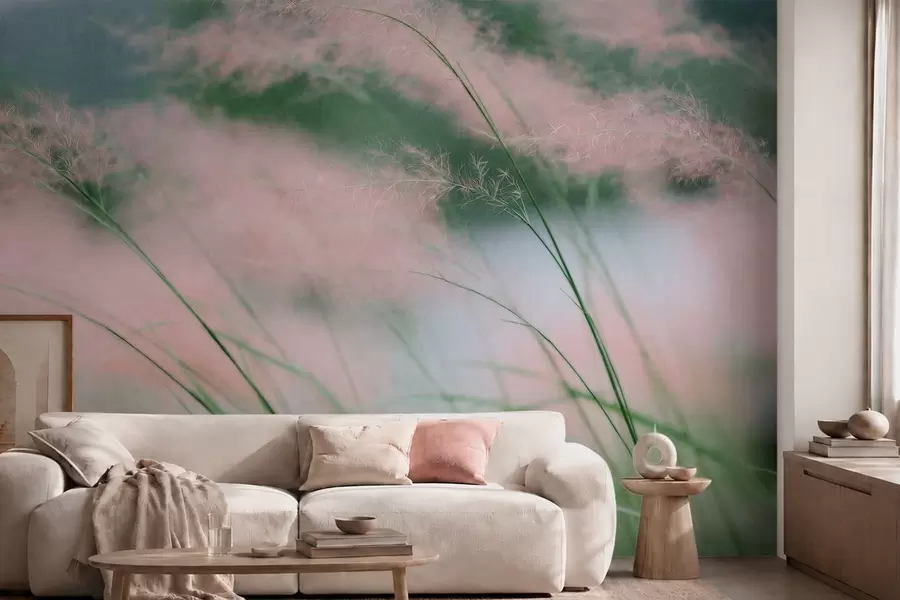 murales de pared Delicadas hierbas rosadas sobre un fondo verde suave w05886