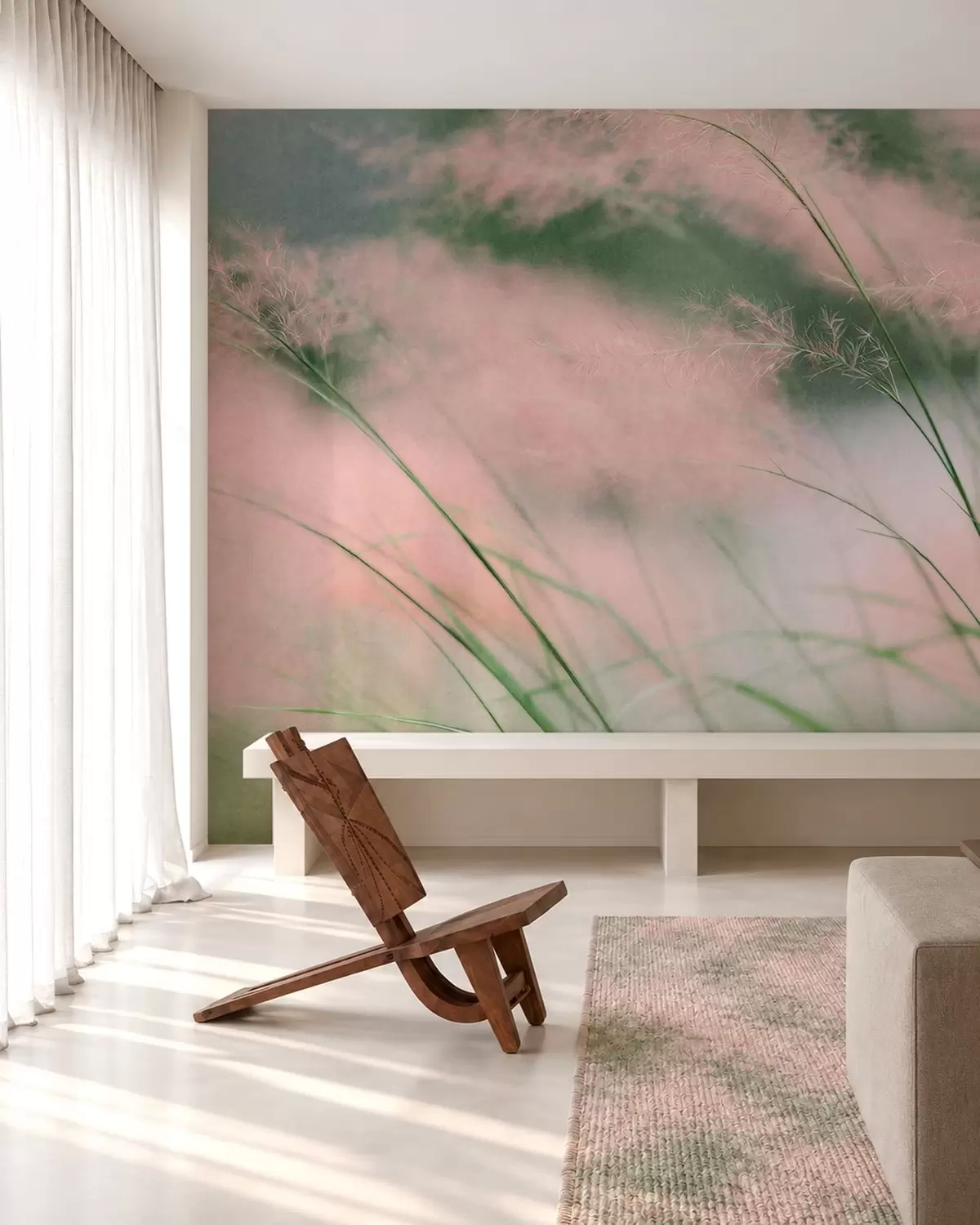 murales de pared Delicadas hierbas rosadas sobre un fondo verde suave w05886v1