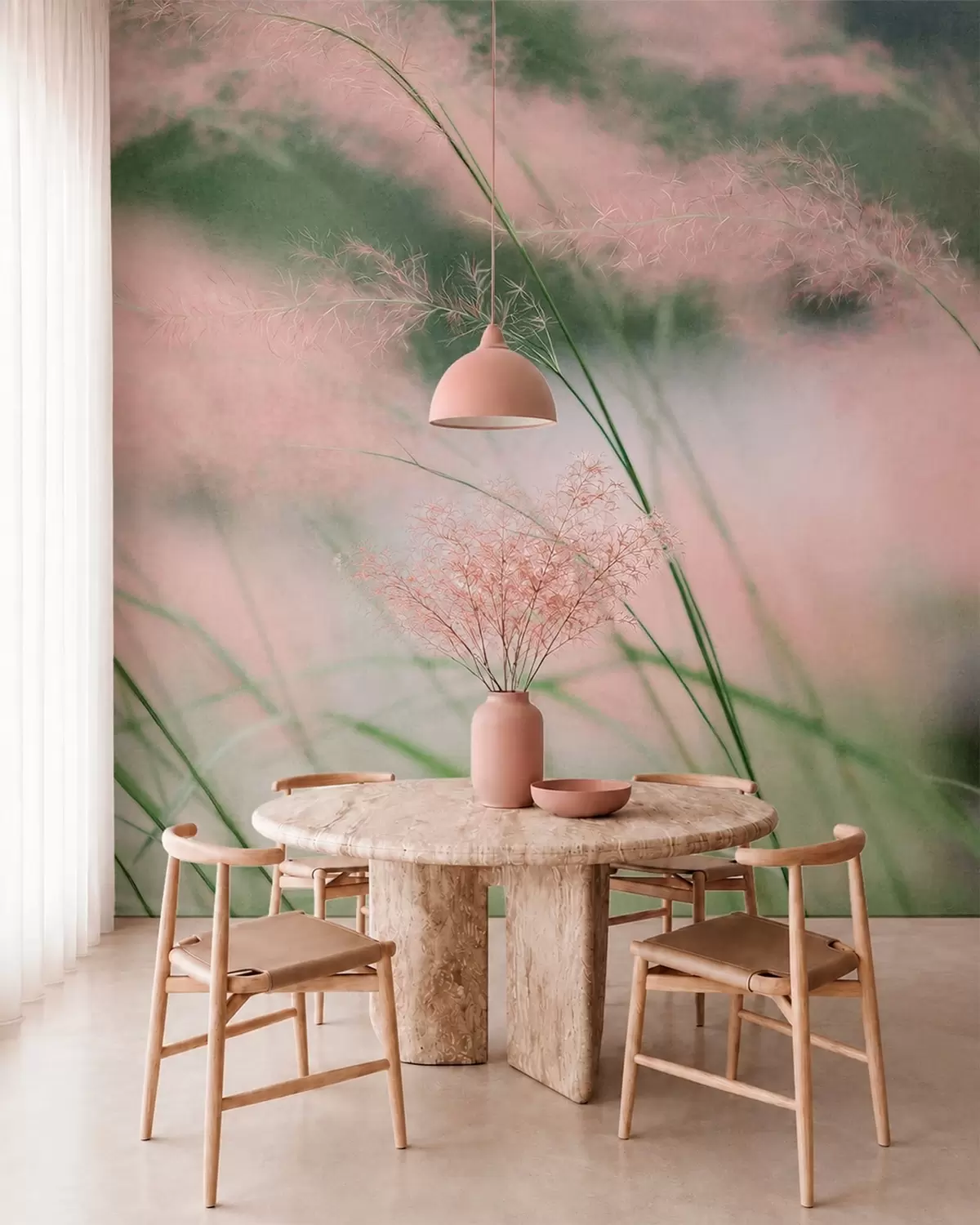 murales de pared Delicadas hierbas rosadas sobre un fondo verde suave w05886v1
