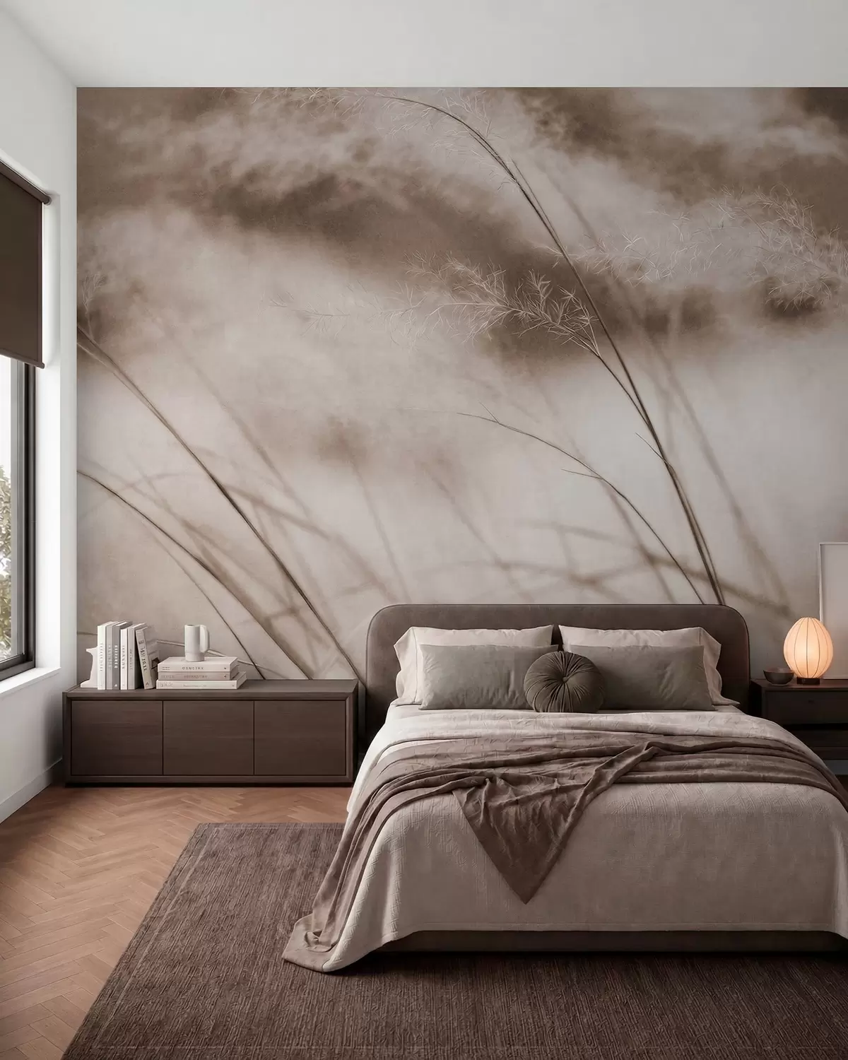 murales de pared Hierbas esbeltas y flores plumosas en tonos beige w05886v2