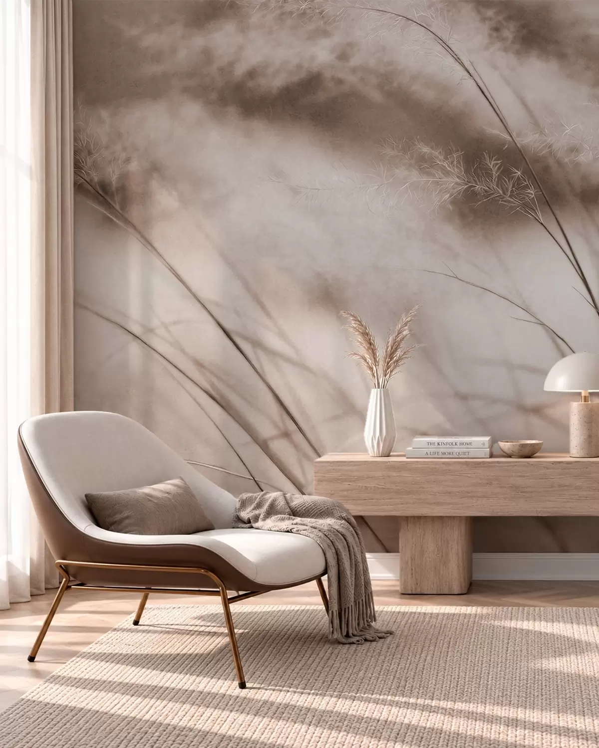 murales de pared Hierbas esbeltas y flores plumosas en tonos beige w05886v2