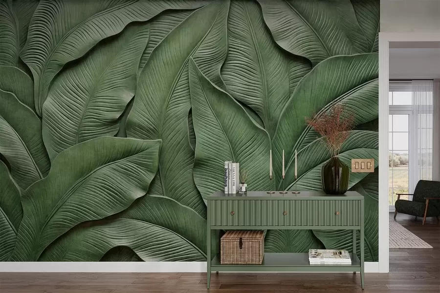 murales de pared Patrón denso de hojas verdes grandes w05887