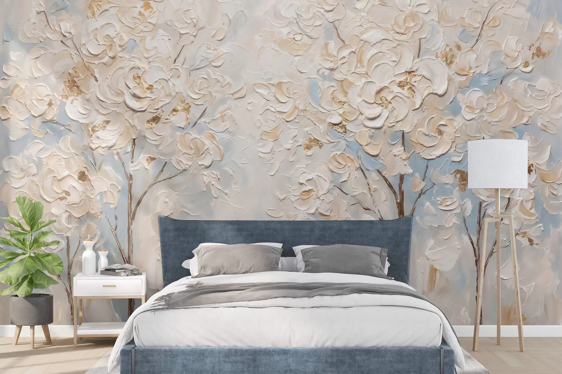 murales de pared Árboles cubiertos de voluminosas flores blancas, imitación de un cuadro al óleo w10039