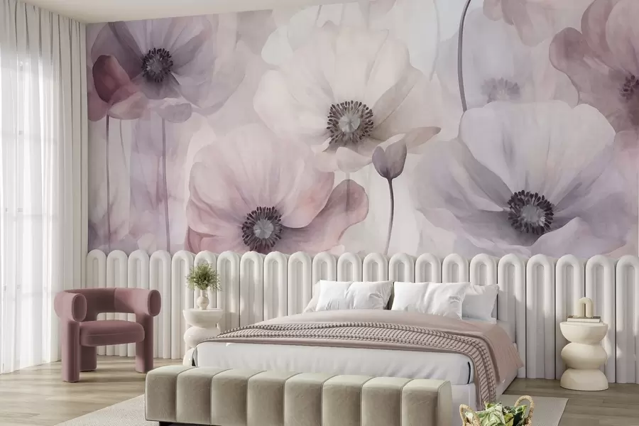 murales de pared Amapolas de color rosa pálido y blanco con pétalos delicados w10029v1