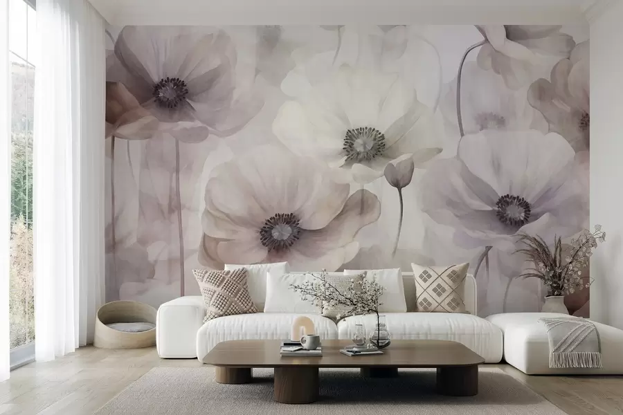 murales de pared Amapolas de color rosa pálido y beige con pétalos delicados w10029
