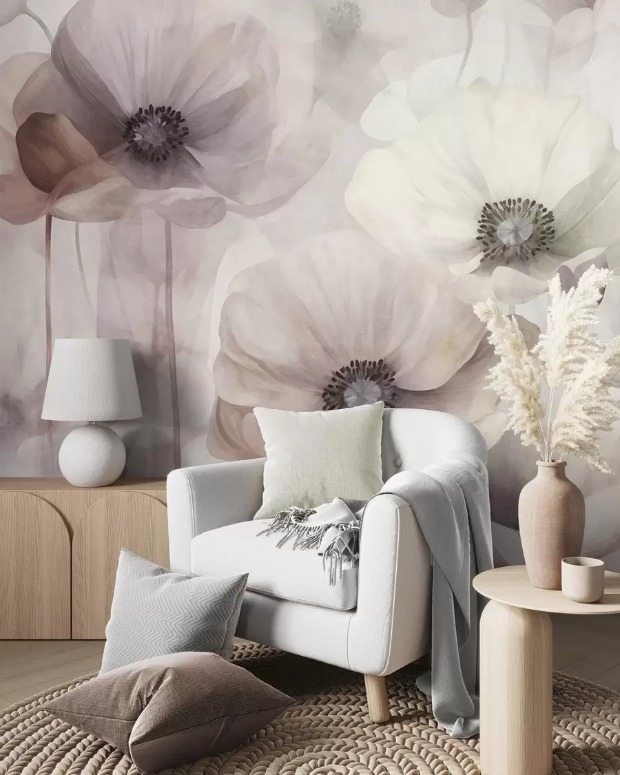 murales de pared Amapolas de color rosa pálido y beige con pétalos delicados w10029