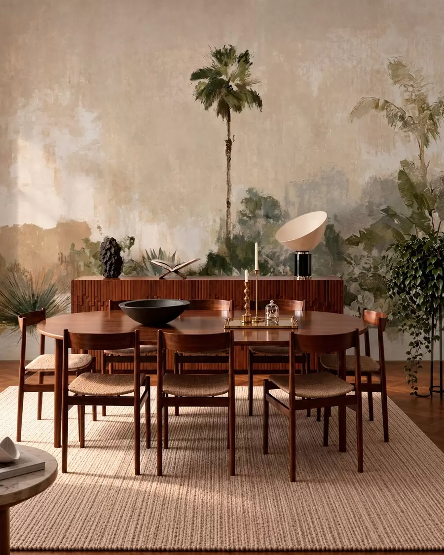 murales de pared Jardín tropical con palmeras y plantas de hojas grandes w05921v1