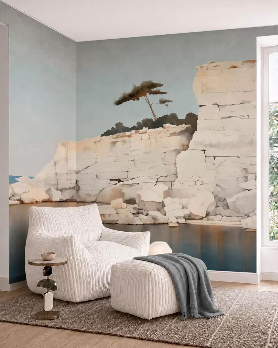 murales de pared Acantilados pálidos junto a un mar en calma, con un árbol solitario w05922