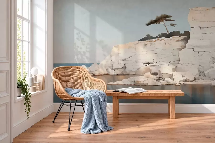 murales de pared Acantilados pálidos junto a un mar en calma, con un árbol solitario w05922