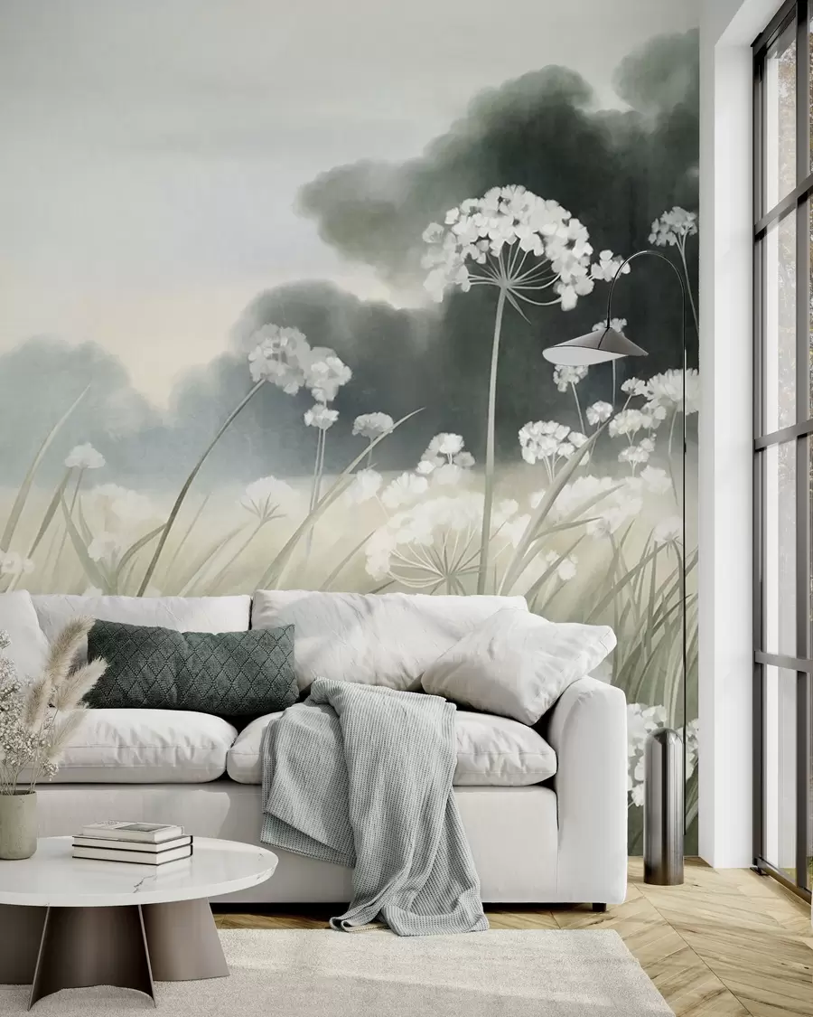 murales de pared Paisaje con flores silvestres y hierbas altas en un campo, colores apagados, con textura w10032