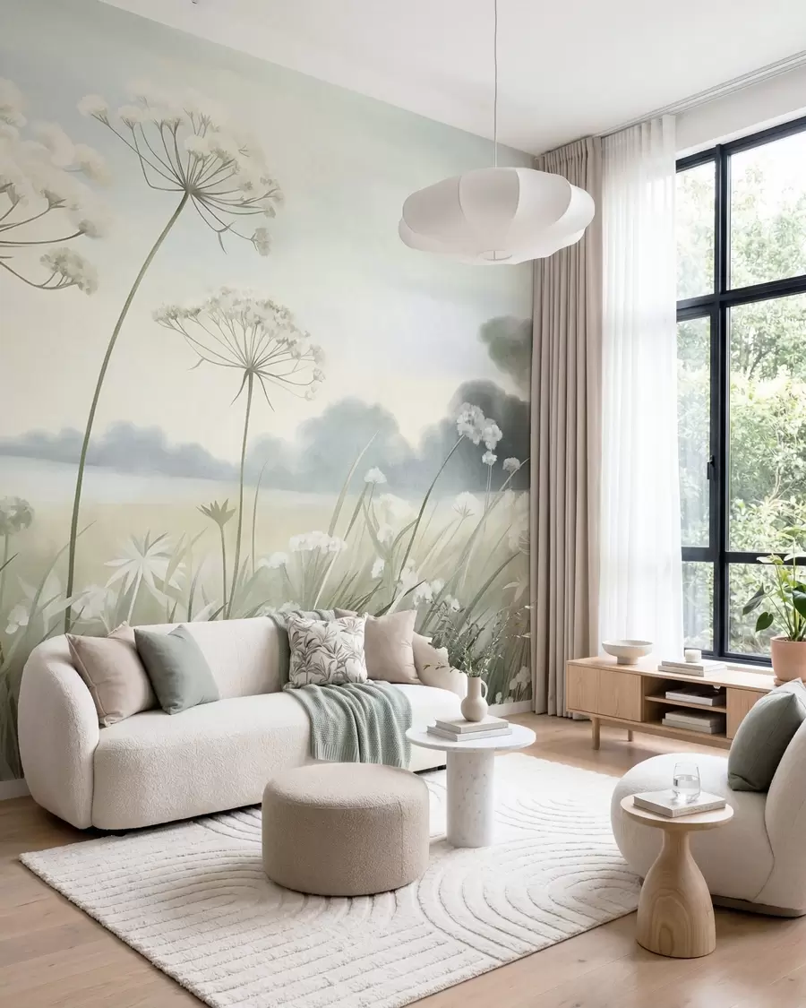 murales de pared Paisaje con flores silvestres y hierbas altas en un campo, colores apagados, con textura w10032
