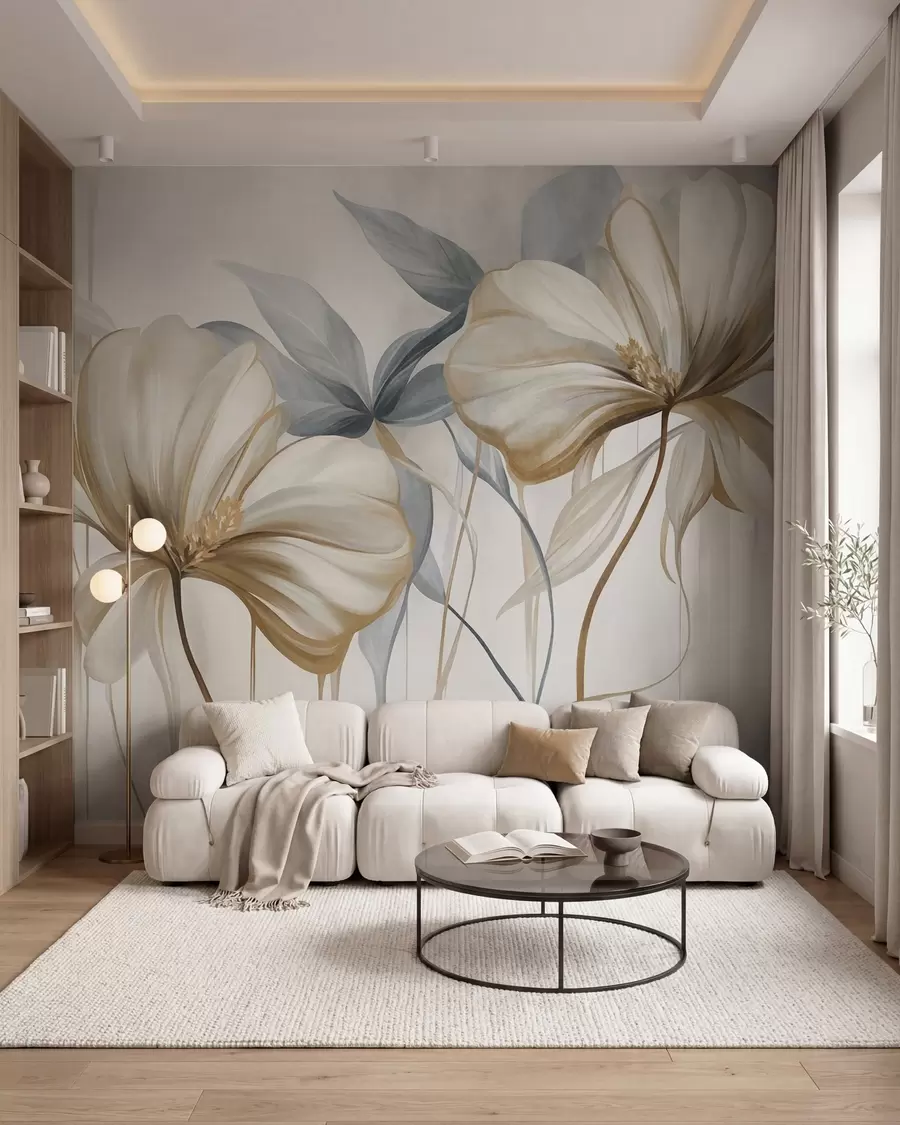murales de pared Flores abstractas y delicadas con tallos finos y marrones y hojas de un azul apagado, con textura w10058