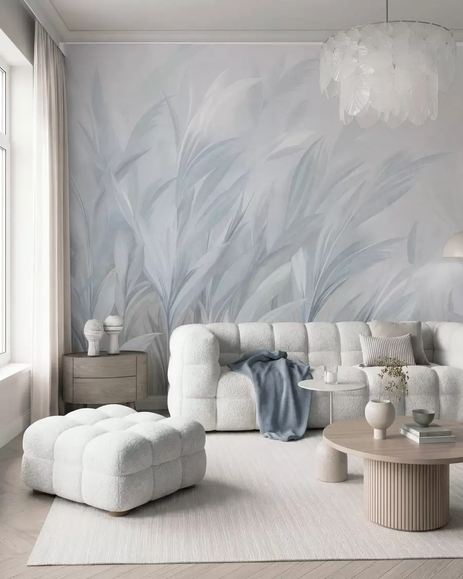 murales de pared Hierba alta y plumosa en suaves tonos azul pastel, con un fondo de textura ligera w10060v2