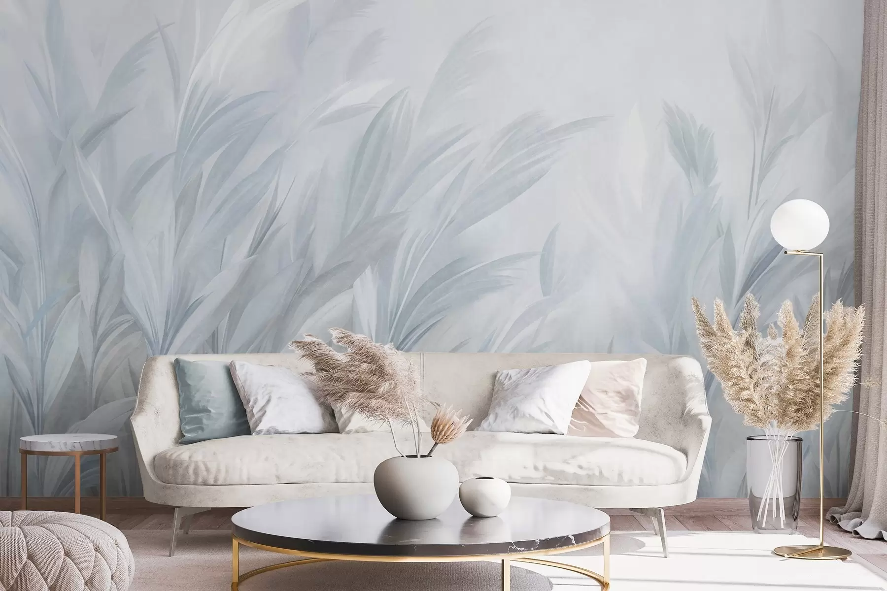 murales de pared Hierba alta y plumosa en suaves tonos azul pastel, con un fondo de textura ligera w10060v2
