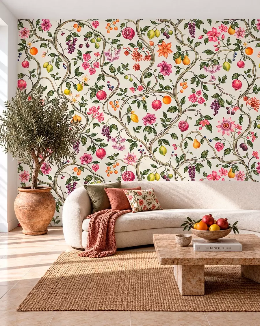 murales de pared Ramas entrelazadas con flores, frutos y hojas verdes w05862