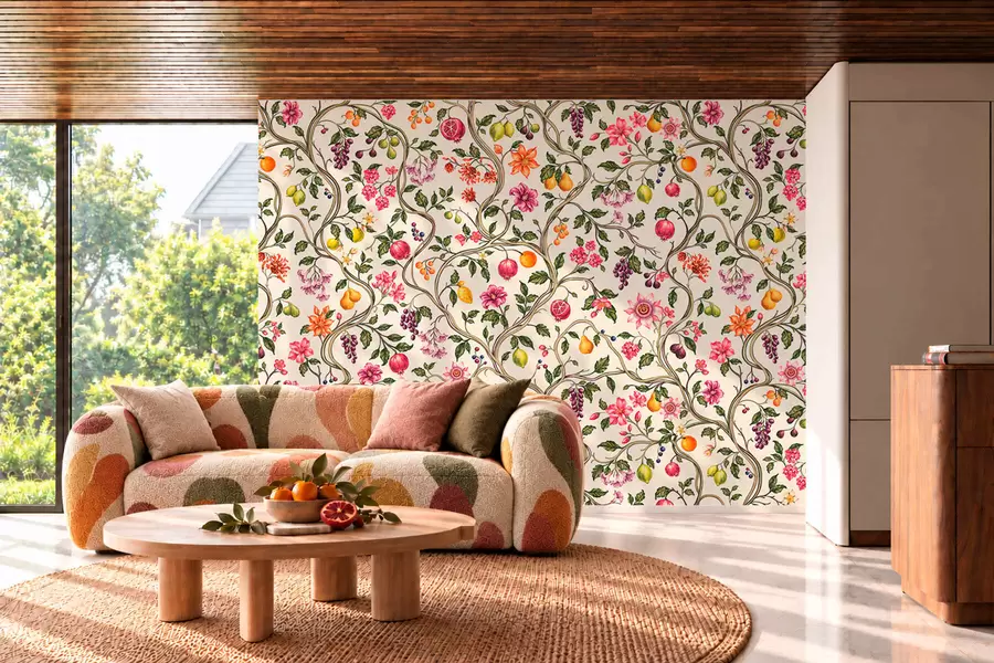 murales de pared Ramas entrelazadas con flores, frutos y hojas verdes w05862