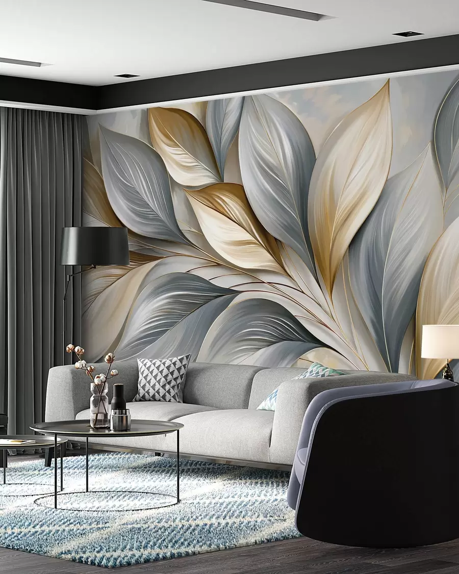 murales de pared Hojas esculpidas azules w10076